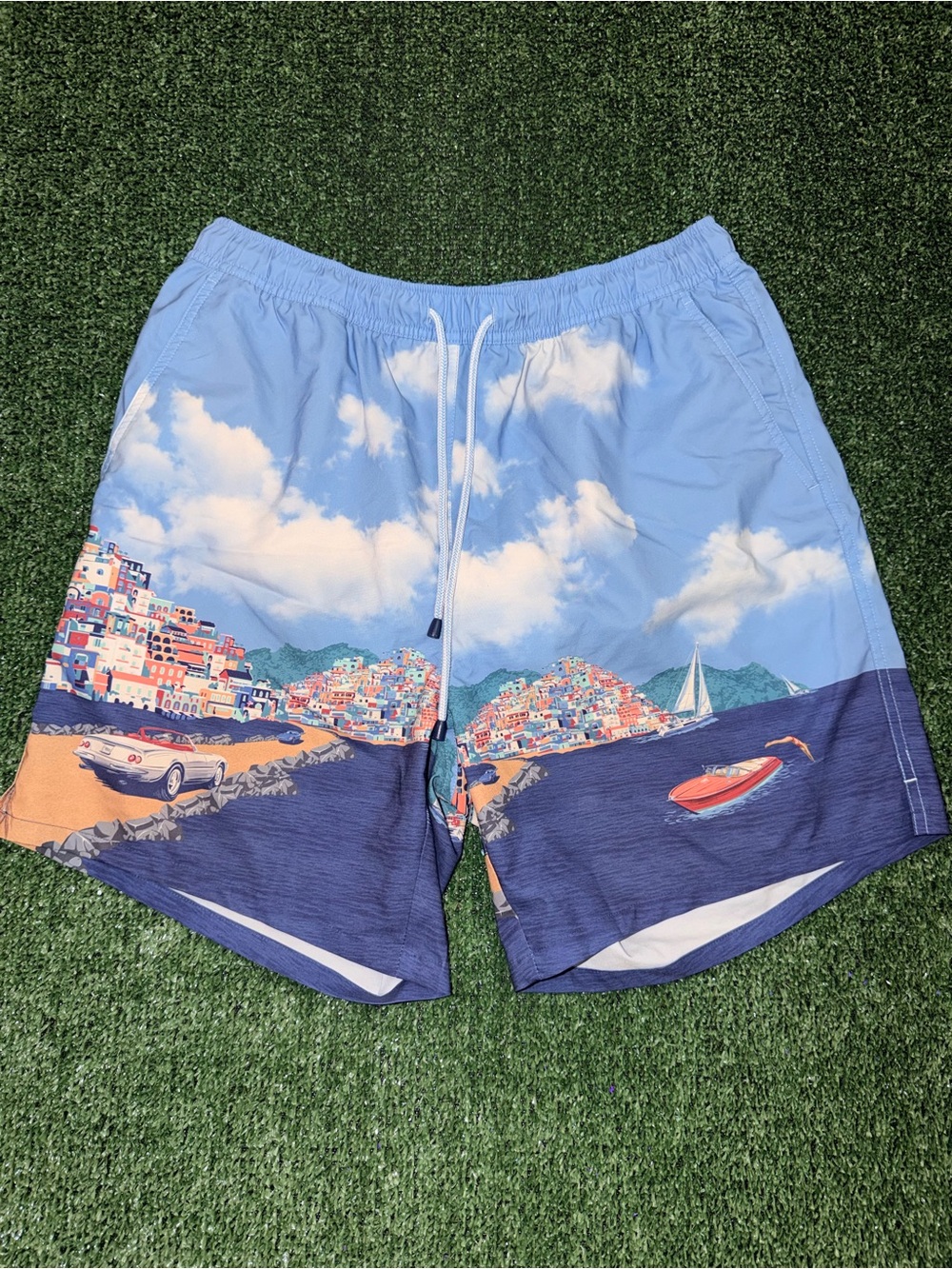 Peter Millar Seaside Blue Scenic Beach Swim Shorts Drawstring Back Pocket Sz L